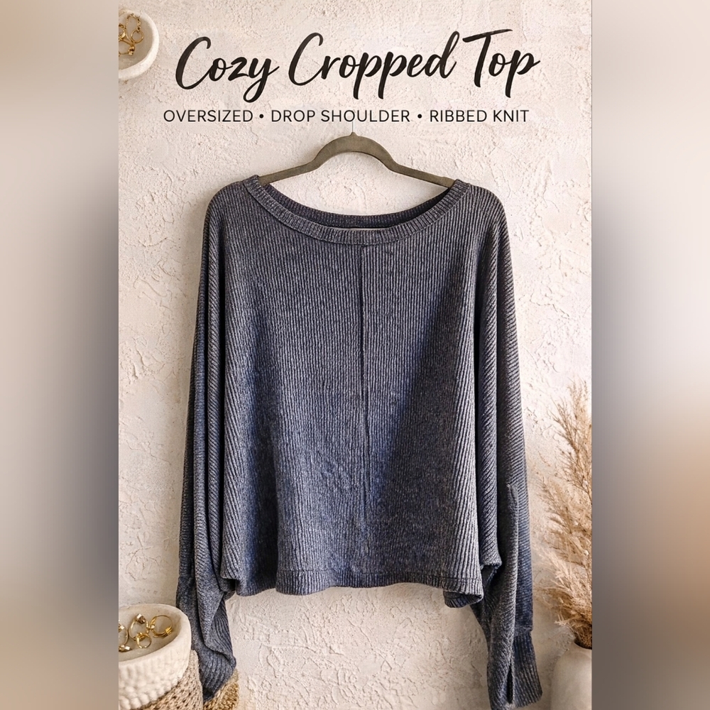 Treasure & Bond Cozy Cropped Ribbed Knit Top in Heather Gray